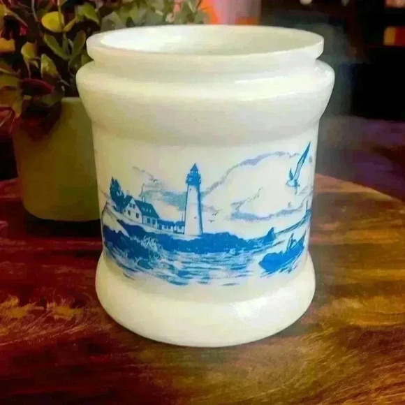 70s Milk Glass Humidor Canister Tobacco Jar Blue Coastal Fishing - Picture 1 of 5